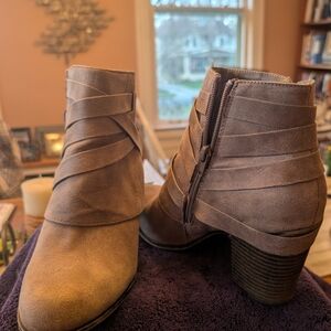 Fergalicious Taupe Suede Wrap-Detail Ankle Booties